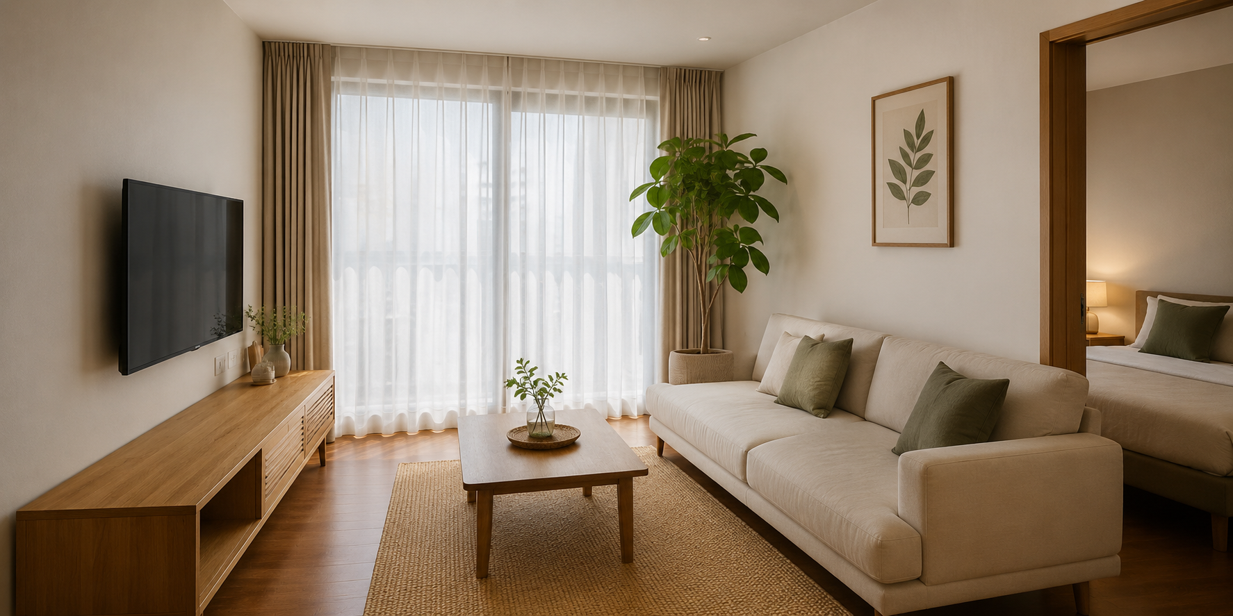 Minimalist small apartment living room with natural materials and open space