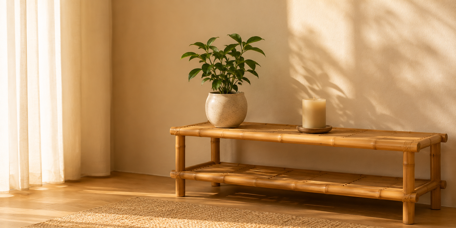 Peaceful apartment corner with bamboo, plants and minimal decor